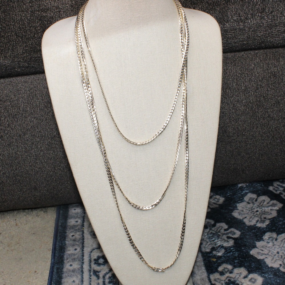 Necklace Triple Strand Flat Curb Chain 24in Silver Tone Vintage Style Jewelry